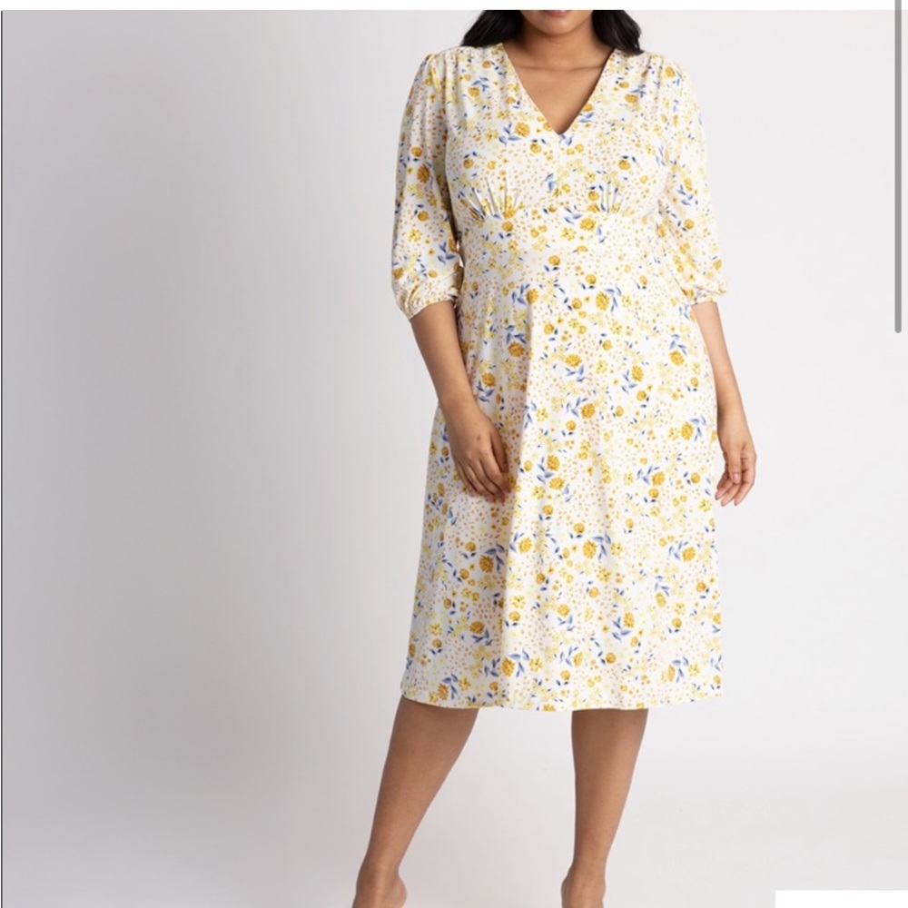 ELOQUII White Yellow Blue Floral Short Puffy Sleeves Womens Summer Dress Size 20